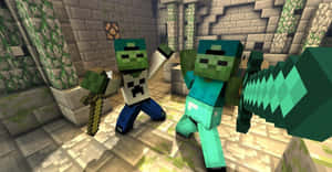 兩個Minecraft殭屍在石頭地牢中手持劍。 — 殭屍動圖 壁紙