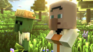 草地上兩個Minecraft角色和一隻兔子 — 我的世界 壁紙