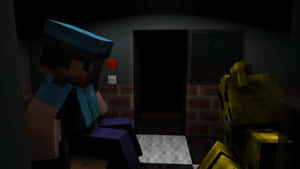 兩個Minecraft角色坐在一個牆上有紅色按鈕的黑暗房間裡。 — 惡夢佛萊迪 壁紙