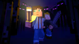 兩個手持火炬的Minecraft玩家在黑暗洞穴中面對發光紫色眼睛的生物。 — 我的世界迷因 壁紙