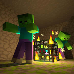 兩個Minecraft殭屍站在石地牢中一個燃燒的籠子附近。 — 我的世界苦力怕 壁紙