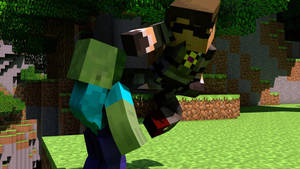 兩個Minecraft角色在像素化森林環境中戰鬥。 — 我的世界 壁紙