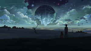 兩個人以剪影站立，觀看暮色景觀中的發光宇宙傳送門。 — 美麗的動畫 壁紙