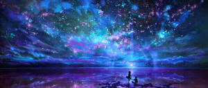 兩人在岸邊坐著，頭上是佈滿彩色星雲的璀璨星空。 — 酷炫星系 壁紙