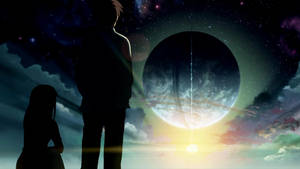 兩個人以剪影站立，觀看一顆發光的行星在星空升起。 — 秒速5公分 壁紙