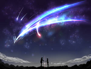 兩人在星空下牽手，有發光的宇宙痕跡。