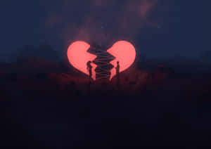兩個人在山區夜景中，在閃爍的破碎心形下分開站立。 — 孤獨悲傷 壁紙