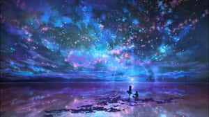 兩人在繁星點點的海岸上，坐在充滿活力的宇宙天空下。 — 暮光 壁紙