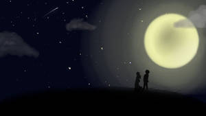 兩個人在明亮的月亮和繁星夜空下的剪影。 — 月落 壁紙