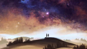 兩個人站在山丘上，背景是繁星點點的夜空和色彩繽紛的星雲。 — 情侶 壁紙
