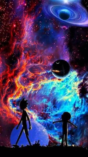 兩個剪影人物以一個帶有黑洞和星星的彩色宇宙星雲為背景。 — 湯姆貓與傑利鼠 iPhone 壁紙