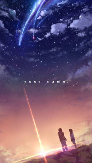 兩個人在繁星點點的暮色天空中觀看流星墜落。 — 你的名字 壁紙