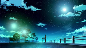 夜晚，兩個人在碼頭上，繁星點點的天空下，有發光的街燈。 — 美麗的夜晚 壁紙
