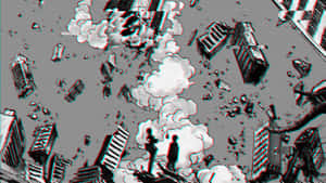 兩個人站在一個正在崩塌的城市中，周圍有漂浮的建築物和煙霧。 — 路人超能100 GIF 壁紙