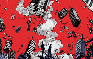 兩個人在瓦礫上，建築物在紅色的天空中爆炸並墜落。 — 路人超能100 GIF 壁紙