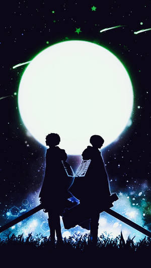 兩個動漫角色剪影在發光的月亮和星星下持劍。 — 高畫質月亮 壁紙