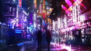 兩個人在夜晚走在一條閃爍霓虹燈、被雨水浸濕的未來城市街道上。 — 城市燈光 壁紙