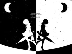 兩個動漫女孩在星空下帶著新月向相反方向行走。 — 暗黑動漫風格GIF 壁紙