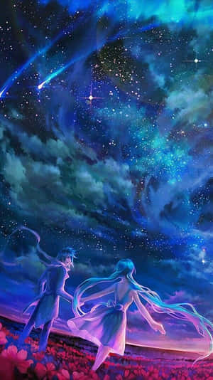 兩個動漫角色在星空下跳舞，下方有彩色星雲和粉紅色花朵。 — 鳶尾花 壁紙