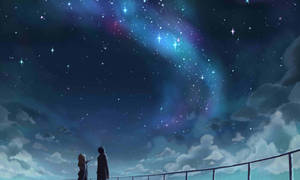 兩個人在夜晚從欄杆欣賞帶有星雲的多彩星空。 — 四月是你的謊言 壁紙