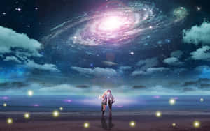 兩個動漫角色在夜晚凝視著發光海灘上方的星系。 — 四月是你的謊言 壁紙