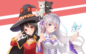 兩個動漫女孩，一個戴著女巫帽和貓，另一個帶著發光的水晶。 — 魔法動圖 壁紙