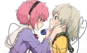 兩個動漫女孩，粉紅色和銀色頭髮，分享溫馨時刻。 — 女同志 GIF 壁紙