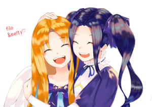 兩個動漫女孩，橙色和紫色頭髮，笑著擁抱。 — 寶可夢 剑 盾 壁紙