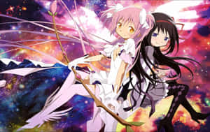 兩個動漫女孩漂浮在色彩繽紛的星空場景中。 — 魔法少女小圓 壁紙