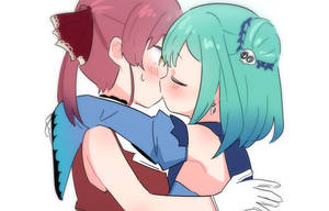 兩個動漫女孩臉紅閉眼擁抱，表達愛意。 — 動畫女孩 壁紙