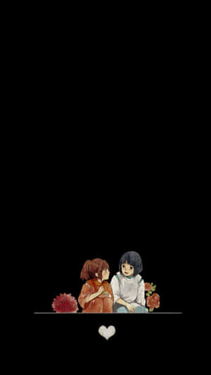兩個動漫女孩手持紅花，下方有一個白色心形，背景為黑色。 — 極簡動畫 壁紙