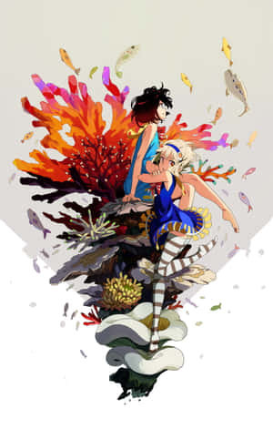 兩個動漫女孩在水中的彩色珊瑚和魚群中擺姿勢。 — Galaxy Tab S9 壁紙