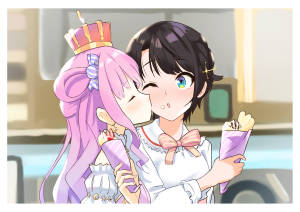 兩個動漫女孩在舒適的室內環境中分享冰淇淋 — Hololive 壁紙