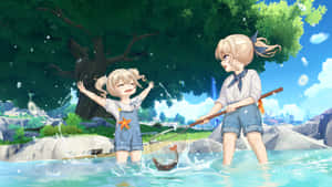 兩個動漫女孩在淺水中在樹下釣魚，有水花濺起。 — 原神 壁紙
