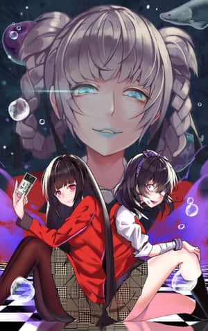兩個紅眼睛的動漫女孩坐在棋盤格地板上，氣泡和魚漂浮在她們周圍。 — Galaxy Tab Active5 壁紙