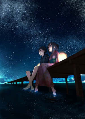 兩個女孩晚上坐在碼頭上，在星空下，有發光的燈籠。 — 星星 壁紙