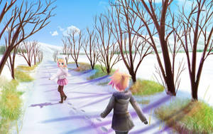 兩個動漫女孩在雪地森林中行走，周圍是光禿禿的樹木和紫色的光。