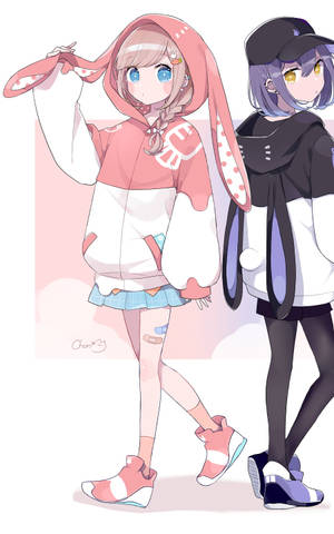 兩個動漫女孩穿著兔子主題連帽衫背對背站立。 — 可愛粉色女孩 壁紙