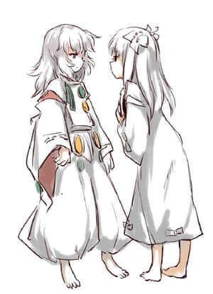 兩個動漫女孩穿著白色長袍，赤腳面對面站立。 — 乾淨 壁紙