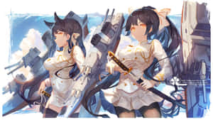 兩個動漫少女穿著海軍制服，手持劍站在戰艦炮旁。 — 碧藍航線 壁紙