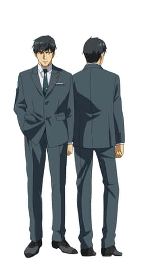 兩個動漫角色穿著灰色西裝，展示正面和背面。 — 伊黒小芭内 壁紙