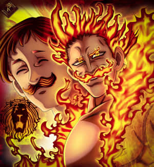 兩個動漫男子，頭髮如火，周圍有火焰，其中一個帶有獅子標誌。 — 艾斯卡諾 壁紙