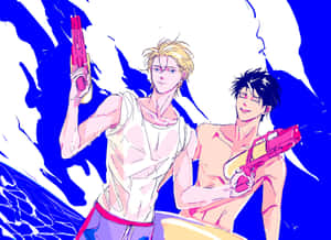 兩個動漫男子在藍白背景前手持粉紅色水槍。 — 香蕉魚 壁紙