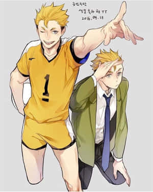 兩個動漫男孩，一個身穿排球制服指著，另一個身穿西裝外套跪著手放在額頭上。 — Apple Watch Ultra 壁紙