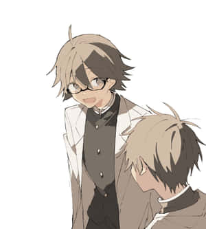 兩個戴眼鏡、頭髮凌亂的動漫男孩微笑，姿勢友善。 — 乾淨 壁紙