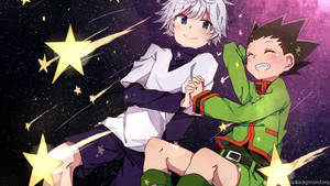 兩個微笑的動漫男孩在流星閃爍的星空中手牽手。 — 小傑與奇犽 壁紙
