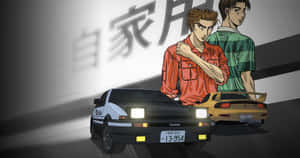 兩個動漫角色在聚光燈下與復古賽車擺姿勢。 — 頭文字D 壁紙