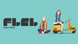 兩個動漫角色，一個在滑板車上，一個坐在地上，帶有粗體文字。 — FLCL 壁紙