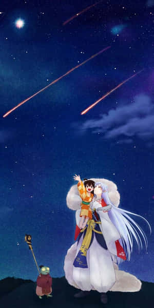 兩個動漫角色在星空中觀看流星。 — 18:9 壁紙