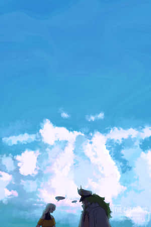 兩個動漫人物仰望有雲和飛碟的天空。 — 2:3 壁紙